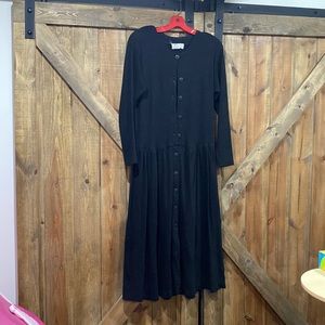 VINTAGE Black Drop Waist Button Down Long Sleeved Maxi Dress